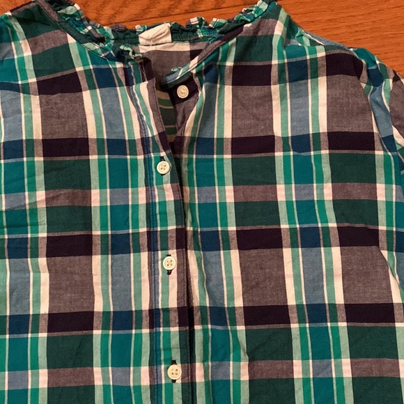 Navy blue, green, white plaid GAP ruffle neck blouse shirt with buttons - Picture 3 of 8